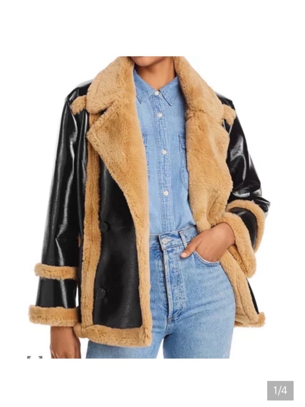 French Connection Black Jacket with Cream Faux-Shearling Trim
